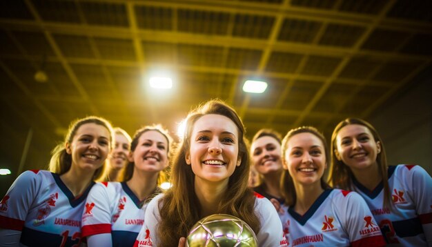 des femmes heureuses en tenue de volley-ball posant sur le terrain de volley-ball le capitaine tient un trophée