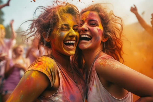 Les femmes et les hommes en peinture du festival Holi sourient, de jeunes amis multiethniques joyeux avec de la peinture colorée sur les vêtements et les corps s'amusent ensemble au festival Holi.