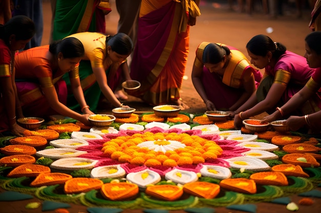 Femmes indiennes faisant des tapis de fleurs Onam festival Generative AI 1