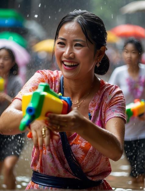 Des femmes jouant avec des pistolets à eau au festival de Songkran