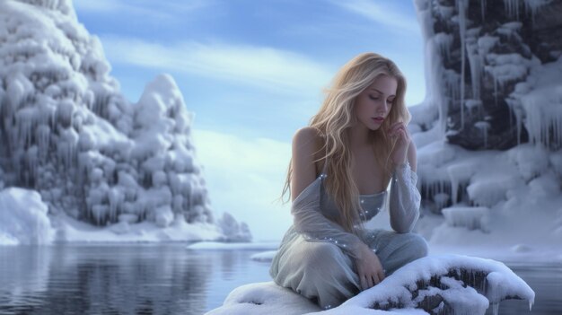 Des femmes magiques dans des rochers de neige et un lac d'eau avec de la neige