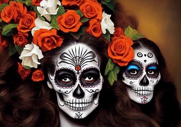 Femmes avec maquillage visage tatouages halloween pour la célébration du jour du festival mexicain des morts dia de los