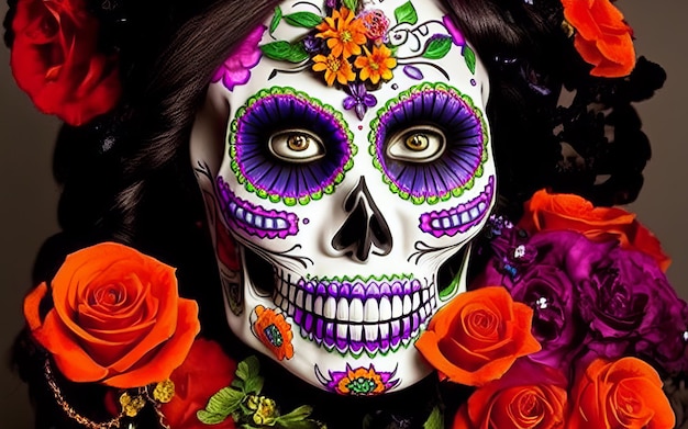 Femmes avec maquillage visage tatouages halloween pour la célébration du jour du festival mexicain des morts dia de los