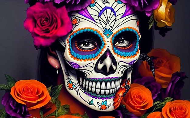 Femmes avec maquillage visage tatouages halloween pour la célébration du jour du festival mexicain des morts dia de los