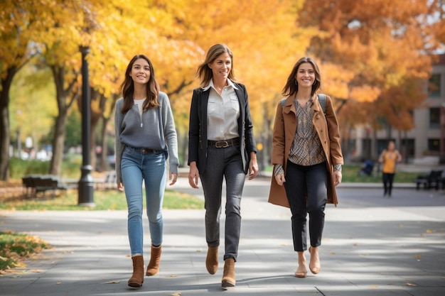 Des femmes marchant dans une rue en automne.