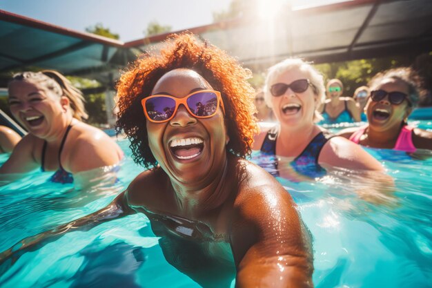 Des femmes matures multiraciales qui s'amusent et font de l'aérobic aquatique dans la piscine