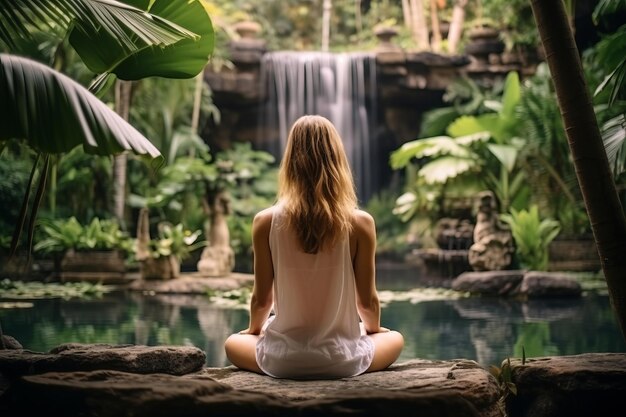 Photo des femmes méditant en position de lotus paradis tropical généré par l'ia