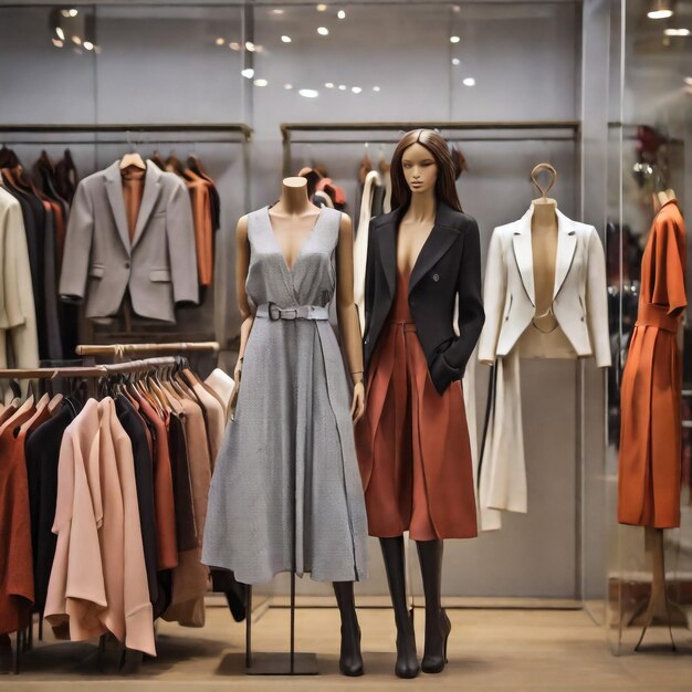 Photo les femmes de la mode moderne vêtements colorés avec robe pull veste accrochée à des porte-bâtiments rack à l'habillement