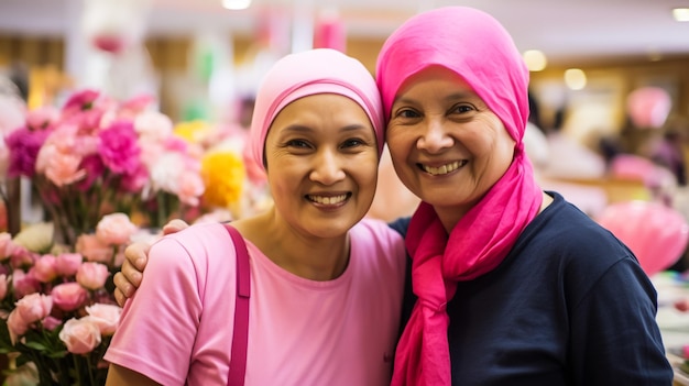 les femmes montrent un ruban rose avec la prévention du cancer du sein sur le fond rose