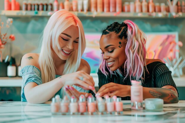 Photo des femmes multiethniques heureuses tenant des vernis à ongles et souriant à la caméra.