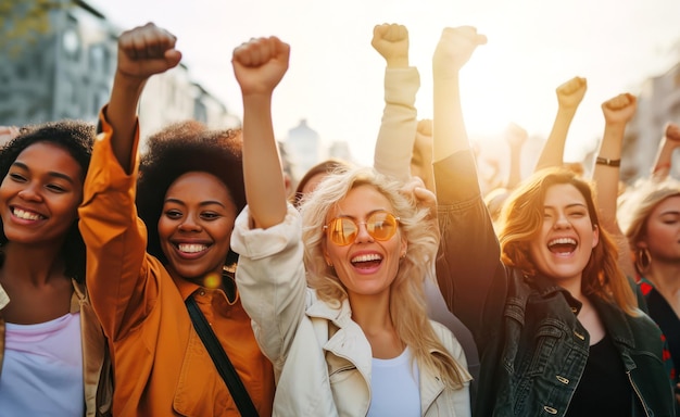 Photo des femmes multiethniques lèvent les poings pour la journée internationale de la femme et l'autonomisation des femmes