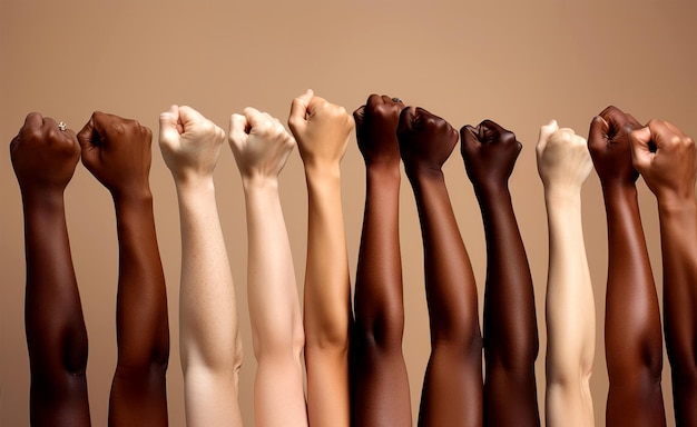 Photo des femmes multiethniques lèvent les poings en studio pour la journée internationale de la femme et l'autonomisation des femmes 8 mars pour le féminisme, l'indépendance, la liberté et l'activisme pour les droits des femmes