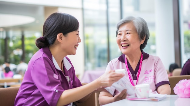 Des femmes multigénérationnelles heureuses avec des rubans roses dans une campagne contre le cancer