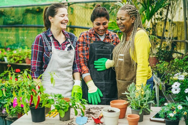 Photo femmes multiraciales travaillant à l'intérieur d'un jardin à effet de serre se concentrer sur le visage d'une femme africaine