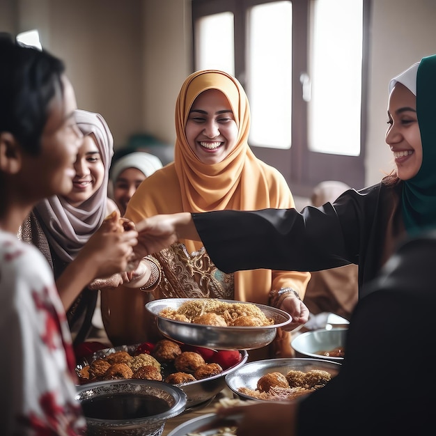 Des femmes musulmanes asiatiques excitées servies avec de la nourriture pour le déjeuner pendant la célébration de l'aïd moubarak