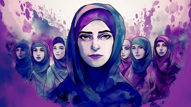 Les femmes musulmanes d'Iran défendent l'illustration aquarelle des droits des femmes dans les tons violets Generative AI