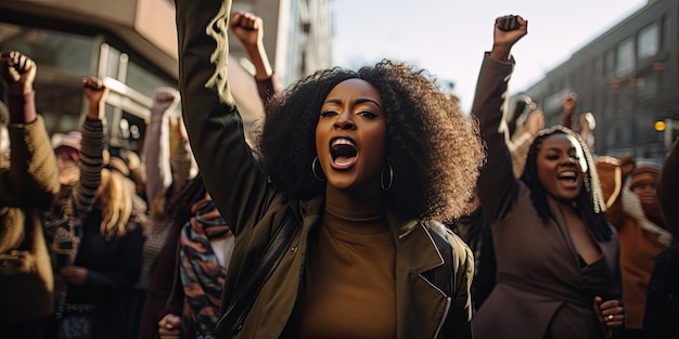 Des femmes noires défilent ensemble pour protester Armes et poings levés pour l'activisme dans la communauté