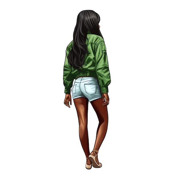 Femmes noires vêtements de mode vert vue arrière illustration aquarelle