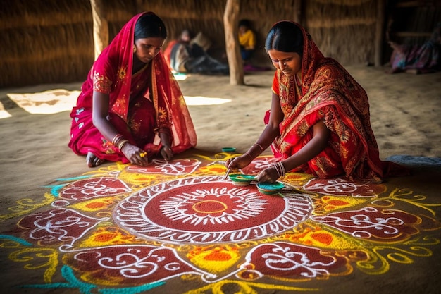 femmes peignant un dessin sur un tapis traditionnel.