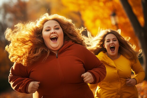 Photo des femmes plus grandes et heureuses faisant du jogging dans un parc d'automne un matin ensoleillé en train de bavarder en faisant de l'exercice.