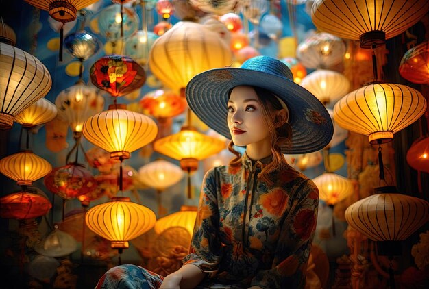 des femmes portant des chapeaux traditionnels devant des lanternes colorées dans le style vietnamien
