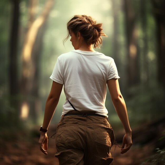 Femmes portant des t-shirts blancs vierges faisant face au dos portant des bottes marron au milieu de la forêt