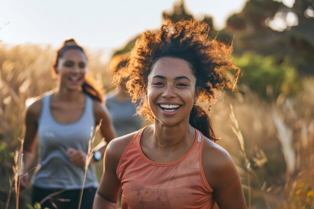 des femmes qui courent dans un champ avec le soleil qui brille à travers ses cheveux