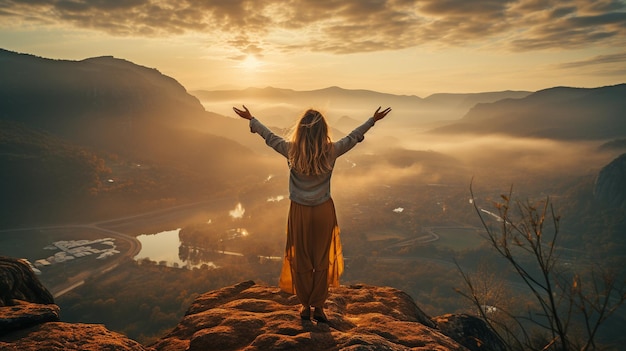 Les femmes qui réussissent sont heureuses quand elles atteignent leurs objectifs une femme saute au sommet de la montagne ses bras ouverts pour accueillir l'aube du nouveau jour