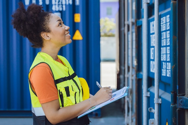 Les femmes qui travaillent sont heureuses de travailler dans le contrôle du conteneur pour la livraison dans l'industrie logistique