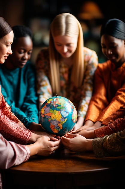Photo femmes de races différentes tenant un ballon de la planète terre