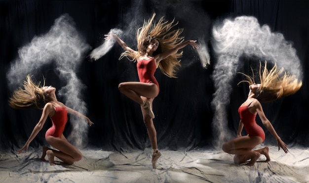 Des femmes renversant de la poudre de talc en dansant sur scène.