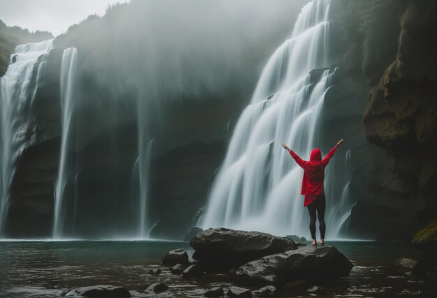 Les femmes en rouge lèvent les deux mains sur le fond d'une cascade vue arrière IA générative