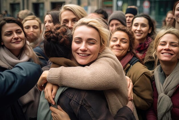 Les femmes s'embrassent pendant que les gens sont autour dans le style de l'amour.