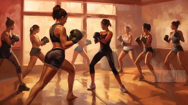 Photo des femmes s'entraînent dans une salle de sport représentant un papier peint de kickboxing