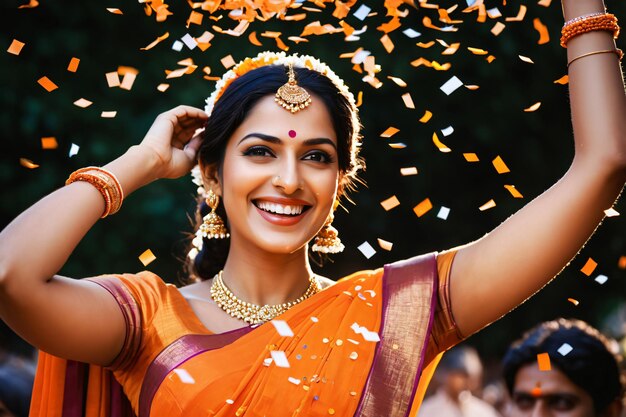 Photo des femmes en saree et en confettis dorés.