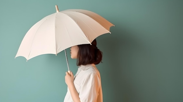 Les femmes se tiennent debout avec un parapluie blanc vierge ouvert Modèle simulé isolé sur fond de couleur