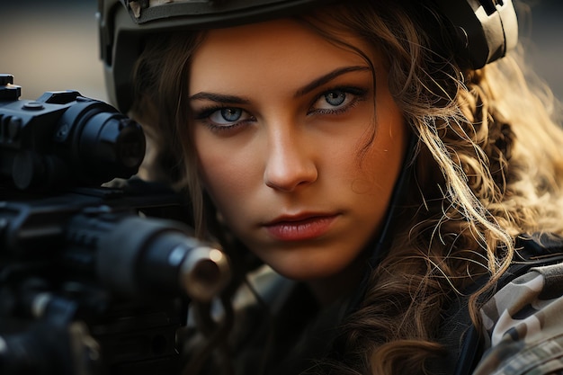 Photo des femmes soldats en uniforme militaire s'entraînent à utiliser les fusils des guérilleros en embuscade