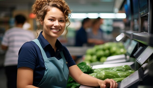 Des femmes souriantes au supermarché achetant des produits frais générés par l'IA