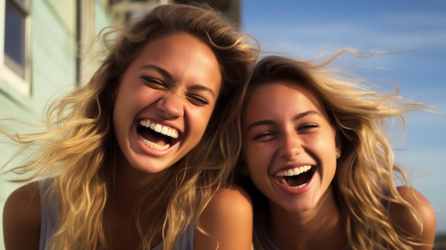 Photo femmes souriantes femmes joyeuses bonheur deux personnes jeunes