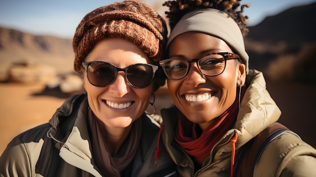 femmes souriantes en vêtements d'hiver et bonnets debout devant une montagne IA générative