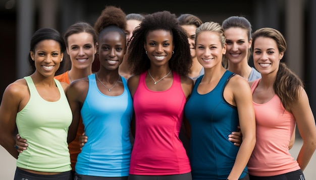 Photo des femmes souriantes en vêtements de sport faisant de l'exercice avec confiance et travail d'équipe généré par l'ia