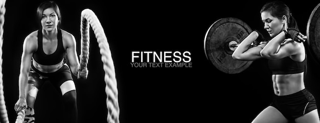 Des femmes sportives et en forme avec un haltère et une corde de bataille s'entraînant sur un fond noir pour rester en forme.