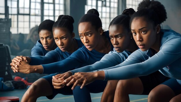 Des femmes sportives sérieuses qui s'étirent ensemble.