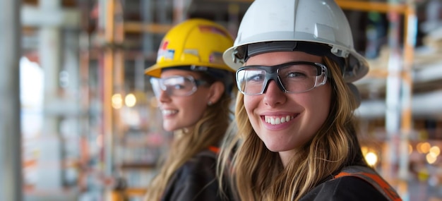 femmes tenant des documents et un casque dans un bureau de travail