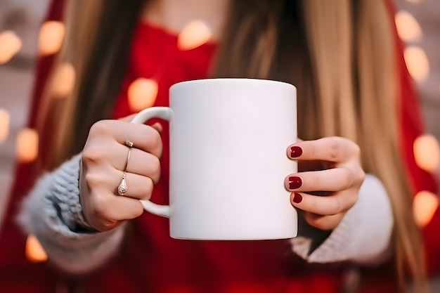 Femmes tenant une tasse blanche Mockup d'une tasse Blanche pour la fête de la Saint-Valentin