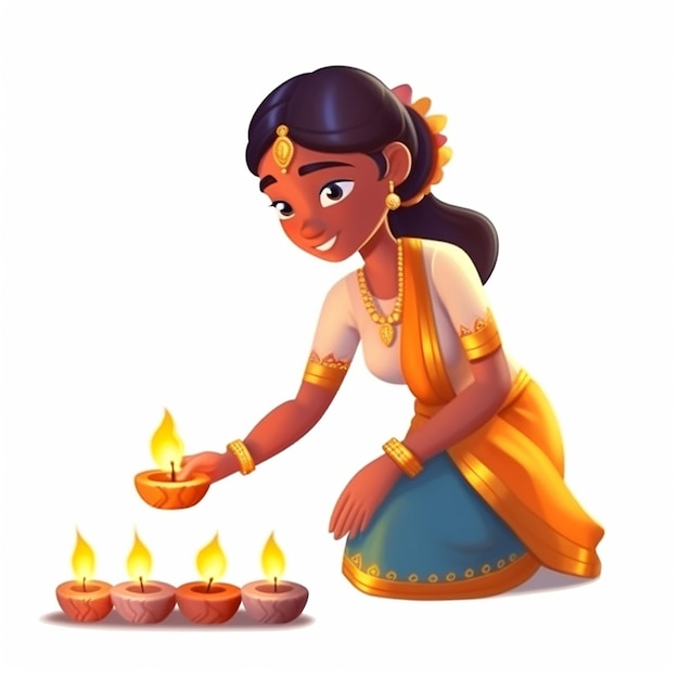 Femmes traditionnelles indiennes en sari allumant des lampes à huile sur fond blanc illustration vectorielle Diwali