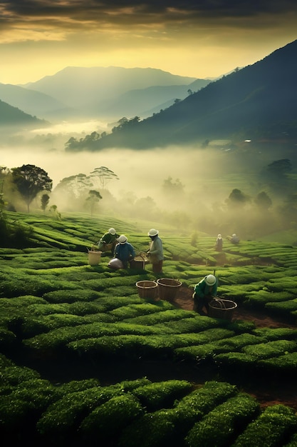 femmes travaillant dans une plantation de thé le matin
