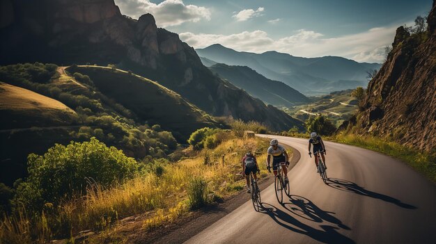 Photo des femmes à vélo sur la route de montagne visualisez ai génératif