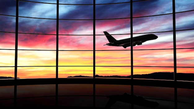 Fenêtre d'aéroport avec avion volant au coucher du soleil