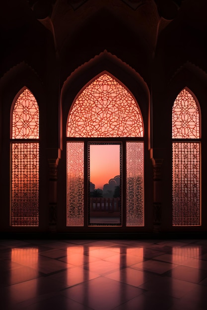 Fenêtre arabe avec un coucher de soleil rouge en arrière-plan